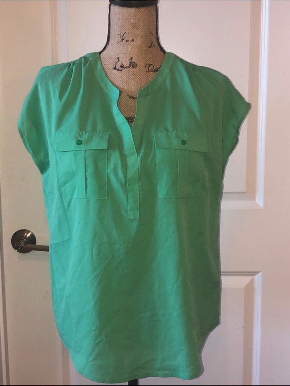 Jaclyn Smith Cap-Sleeve Green Split-Neck Pocket Blouse